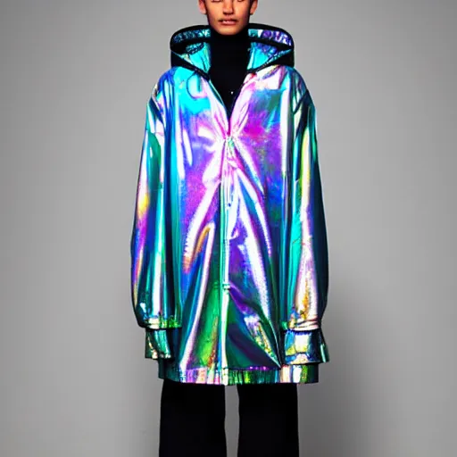 Prompt: a maniki occupying a holographic anorak designed by balenciaga inspired by inuyasha's clothes