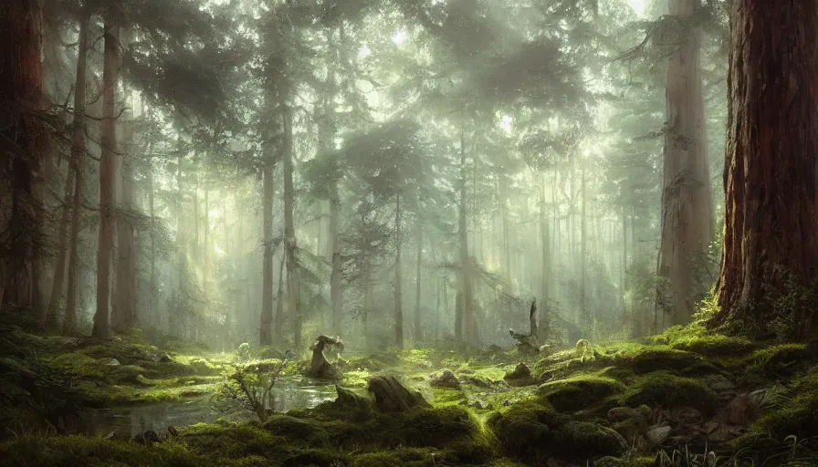 Image similar to beautiful ancient forest, matte painting, beautifully painted, beautiful lighting, enchanted forest, jeremy lipking, studio ghibli, princess mononoke, 8 k, rays of light, amazing detail, princess mononoke background paintings