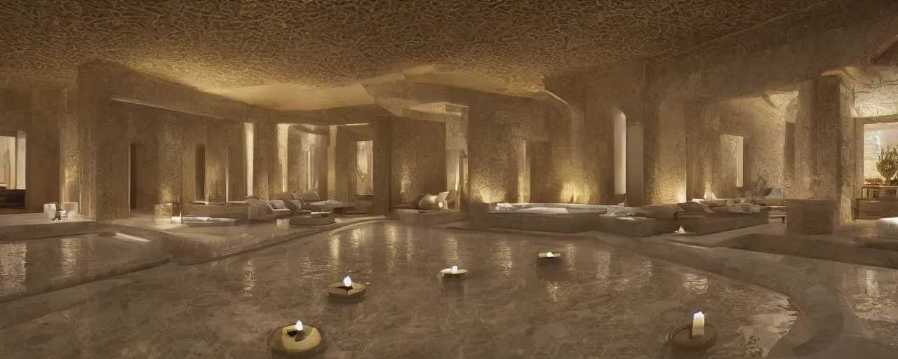 Prompt: 3 d render of a cinematic interior of a triple height hyper luxury spa with everything made of gold, candles, windows with view to desert mountains and river, beige stone marble floor with reflection, small wellness relaxation pool, intricate hieroglyph detailed roof, contemporary design, fractal sacred geometry, 8 k, hyperrealistic, photorealism,