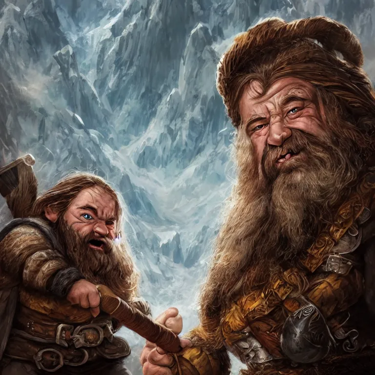 Image similar to dwarf with hammer in mountains, lord of the rings style, fantasy, poster, character portrait, portrait, close up, concept art, intricate details, highly detailed, full body, 8 k, detailed face, body