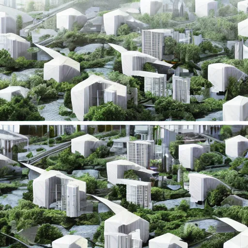 Image similar to origami architecture of a futuristc housing complex, crowded public space, a lot of trees and vegetation, full of sunlight, neighbourhood scale