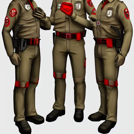 Prompt: ( ( beige ) ) uniform and caps zombie security officers glowing red trending on artstation very high detail