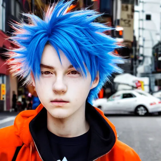 Prompt: orange - haired anime boy, 1 7 - year - old anime boy with wild spiky hair, wearing blue jacket, shibuya street, bright sunshine, strong lighting, strong shadows, vivid hues, sharp details, subsurface scattering, intricate details, hd anime, high - budget anime movie, 2 0 1 9 anime