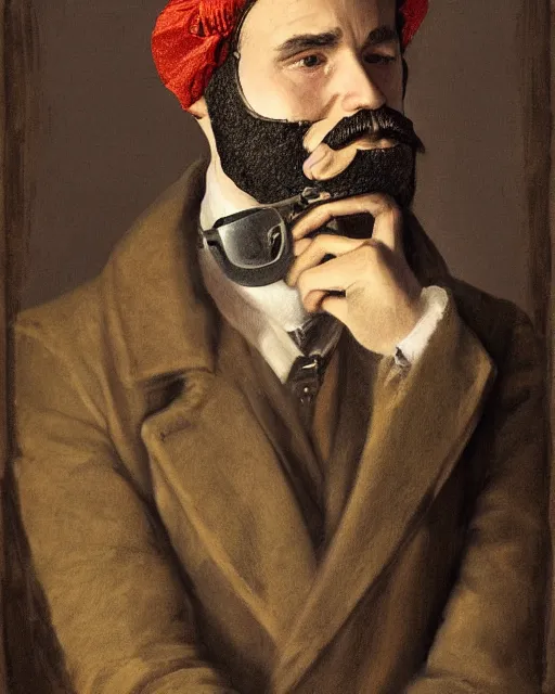 Prompt: a portrait of a male vintage thief with three-day beard, eye mask and cap by Cedric Peyravernay