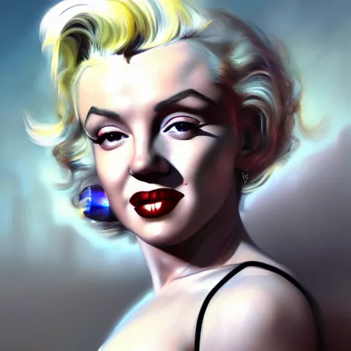 Image similar to a hyper - realistic character concept art portrait of marilyn monroe, depth of field background, artstation, award - winning realistic sci - fi concept art by jim burns and greg rutkowski, beksinski, a realism masterpiece, james gilleard, bruegel, alphonse mucha, and yoshitaka amano.