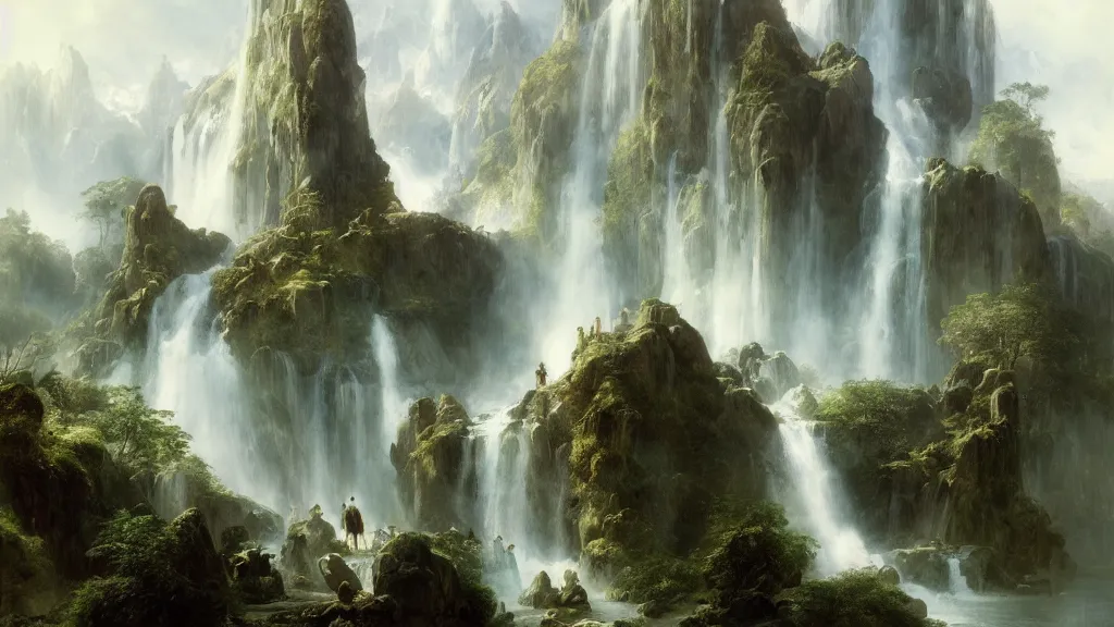 Image similar to elven architecture above the great alpine waterfall. andreas achenbach, artgerm, mikko lagerstedt, zack snyder, tokujin yoshioka