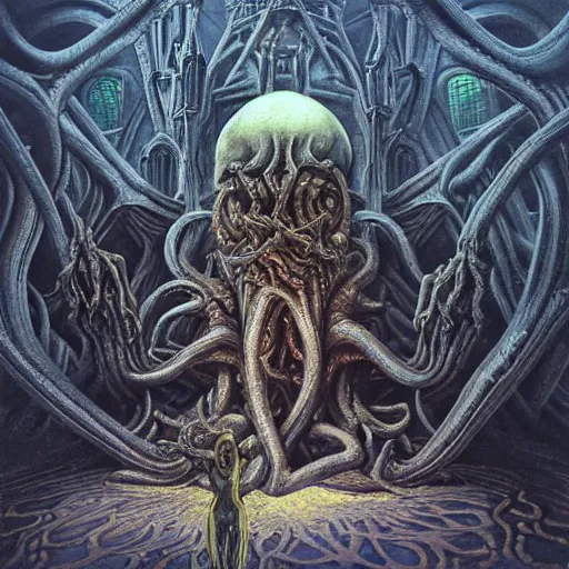 Image similar to monstrous and twisted cathedral with a statue to a many eyed, veiny and four armed cthulhu, slimy tentacles twisting in lotus position. in the style of hr giger and zdzisław beksinski and frank frazetta. golden hour, gloomy. biomechanical oil painting horror gothic hyperrealistic detail