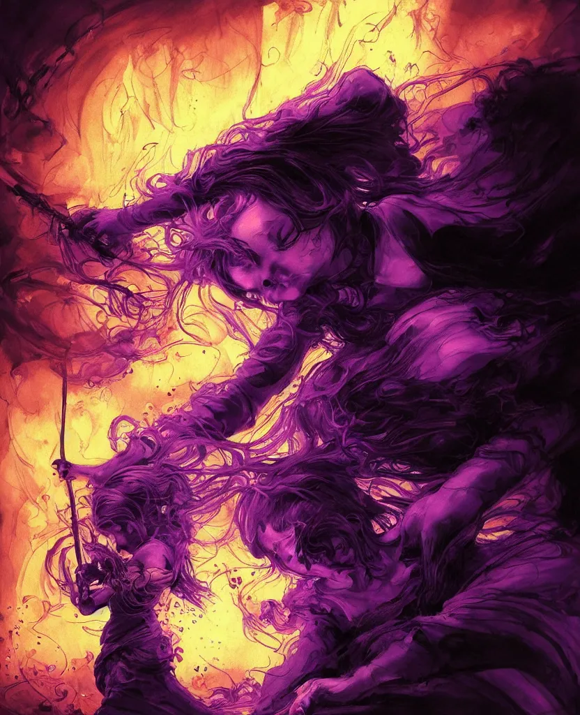 Prompt: a painting small girl with purple fire in his hands fighting a giant, dark colors, sinister atmosphere, dramatic lighting, cinematic, establishing shot, extremely high detail, photo realistic, cinematic lighting, pen and ink, intricate line drawings, by Yoshitaka Amano, Ruan Jia, Kentaro Miura, Artgerm, post processed, concept art, artstation, matte painting, style by eddie mendoza, raphael lacoste, alex ross,