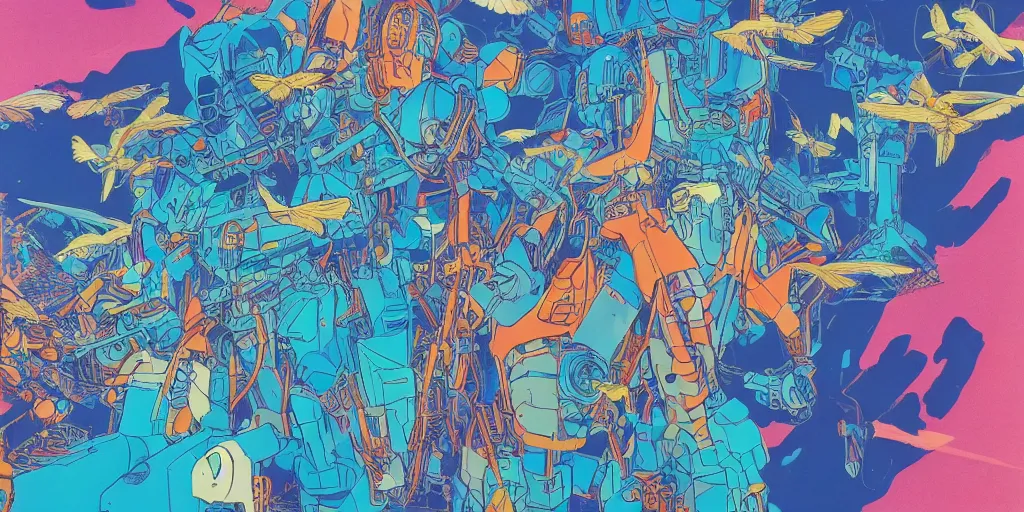 Image similar to risograph, gigantic mecha arzach birds with dragonflies, tiny rats, a lot of exotic animals around, big human faces everywhere, helicopters and tremendous birds, by satoshi kon and moebius, matte summer blue colors, surreal psychedelic design, crispy, super - detailed, a lot of tiny details, 4 k, fullshot