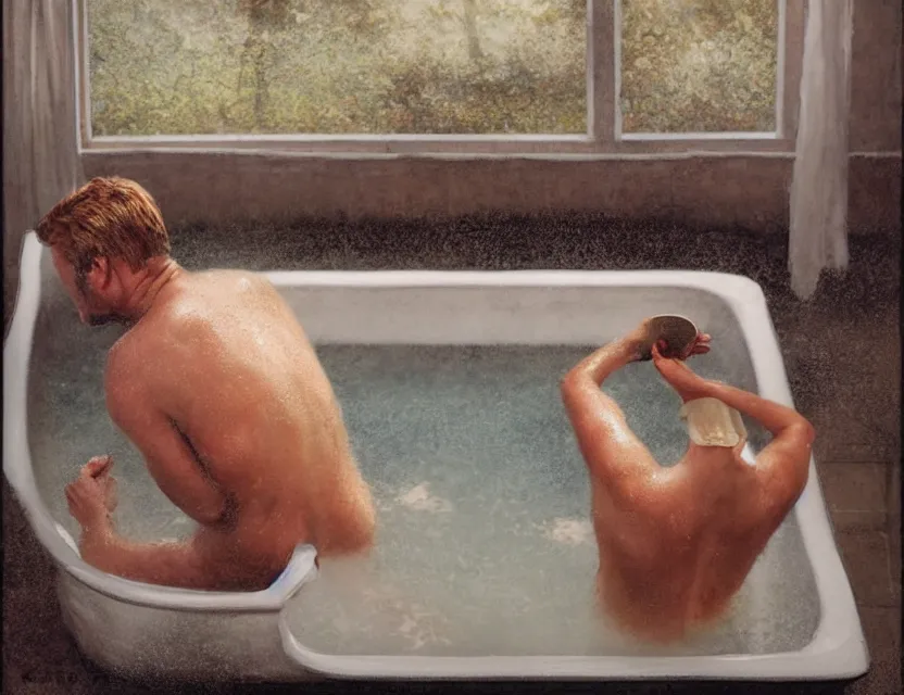 Image similar to jerma 9 8 5 cooking mince meat in a bath tub, back view, cottage core, cinematic focus, polaroid photo bleached vintage pastel colors high - key lighting, soft lights, foggy, by steve hanks, by lisa yuskavage, by serov valentin, by tarkovsky, 8 k render, detailed, oil on canvas