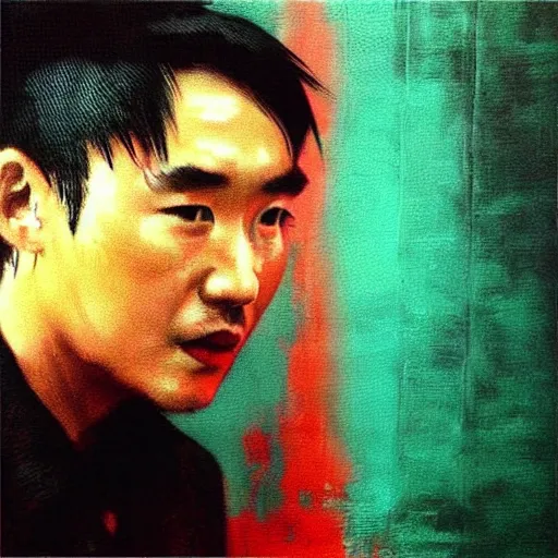 Image similar to “atmospheric painting of actor Tony Leung in scene from Wong Kar Wai movie, night, neon, noir”