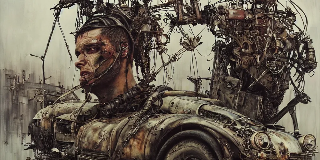 Image similar to mad max rockatansky fury road by brendan mccarthywires cybernetic implants, steelpunk, abandoned steelworks, grime and grunge, in the style of adrian ghenie, esao andrews, jenny saville,, surrealism, dark art by james jean, takato yamamoto