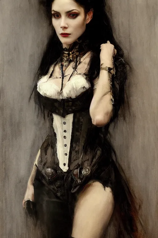 Image similar to Richard Schmid and Jeremy Lipking full length portrait painting of a young beautiful victorian steampunk vampire woman Elvira Mistress of the Dark