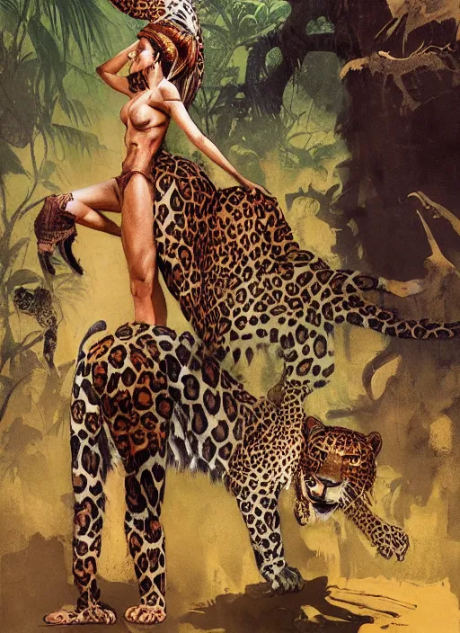 Image similar to a full body portrait of a jungle queen with a leopard, intricate, elegant, highly detailed, vivid colors, john park, frazetta, sparth, ruan jia, jeffrey catherine jones