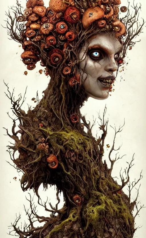 Image similar to portrait of a rotten tree spirit dryad with a beautiful face and flaming mouth and eyes, intricate, headshot, mushrooms, fungi, lichen, sketch lines, graphite texture, old parchment, guillermo del toro concept art, justin gerard monsters, intricate ink illustration, artstation