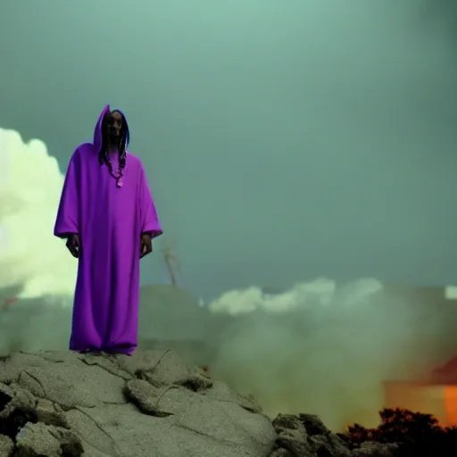 Prompt: snoop dogg as gandalf the white, exhaling a huge cloud of magical purple smoke in the synthwave shire, Japanese CGI, VFX, 2003, 40mm lens, shallow depth of field, film photography, volumetric lighting