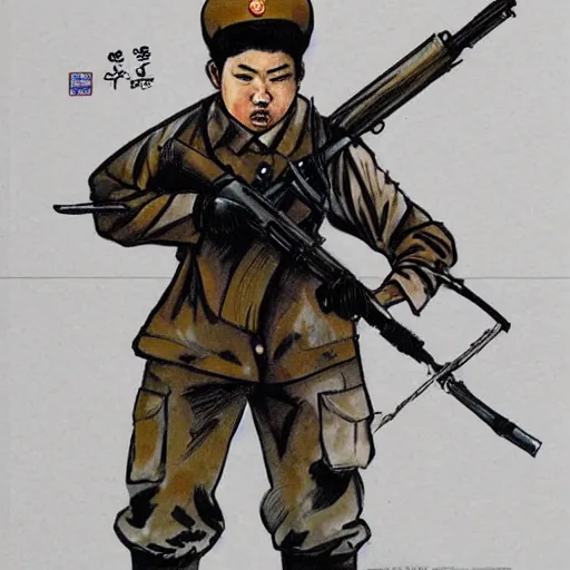 Image similar to A North Korean resistance rebel soldier , Artwork by Kim Jung Gi, Kim Jung Gi style, ink, peter han style