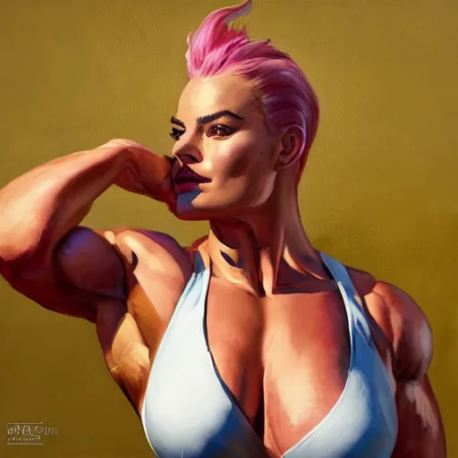 Image similar to greg manchess portrait of margot robbie as thick female bodybuilder zarya from overwatch in disco elysium, 6 7 4, epic grimdark, fantasy, medium shot, asymmetrical, profile picture, organic painting, sunny day, matte painting, bold shapes, hard edges, street art, trending on artstation, by huang guangjian and gil elvgren and sachin teng