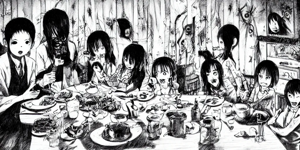 Prompt: A happy family eating dinner, horror, creepy, dark, manga, pencil, inspired by junji ito, superior quality, masterpiece