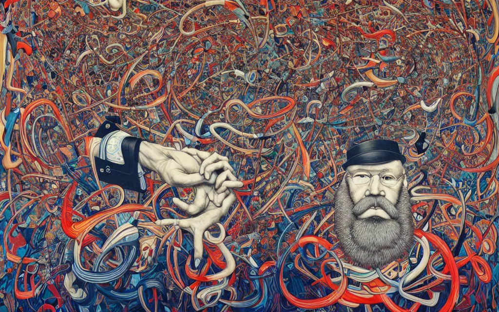 Image similar to conference at modern day uno headquarters, news segment, cnn, meeting of philosophers, a lot of old white men with big beards speaking about the soul, the infinite, and the nature of existence, painting by james jean