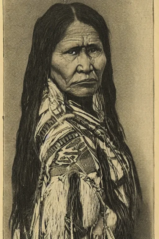 Image similar to “19th century wood engraving of a Native American indian woman, portrait, Nanye-hi Beloved Woman of the Cherokee, wearing a papoose showing pain and sadness on her face, ancient”