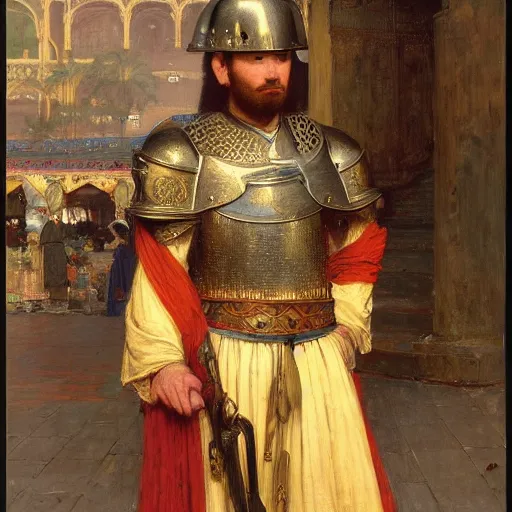 Image similar to orientalist portrait of a knight standing in a market intricate artwork by john william waterhouse and Edwin Longsden Long and Theodore Ralli and Henryk Siemiradzki. trending on artstation, very coherent symmetrical artwork high detail 8k