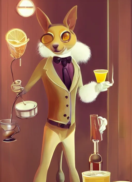 Prompt: squirrel anthro as a dapper bartender with a big, fluffy tail, retro futurism, art deco, detailed painterly digital art by WLOP and Cory Loftis, 🍋, furaffinity, trending on artstation