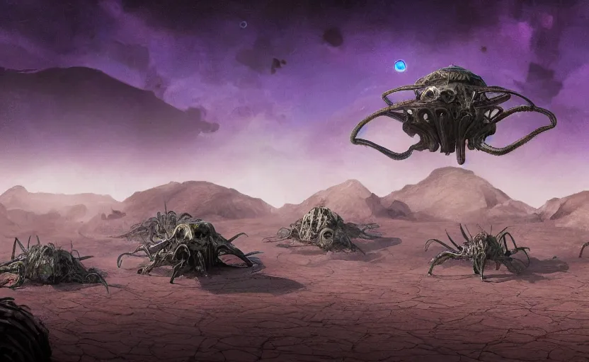 Image similar to matte painting of ant aliens in a desert, science fiction art, elaborate, detailed digital art, trending in artstation, purple color lighting
