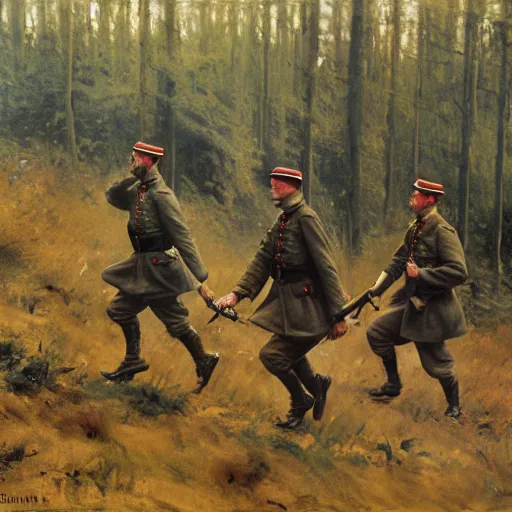 Prompt: ww 1 german soldiers advancing through european forest brush, long grey capes with red accents, 1 9 0 5, oil on canvas, william james aylward, harvey dunn, john singer sargent