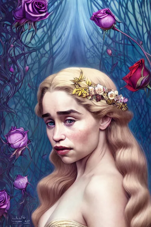 Image similar to new art nouveau closeup portrait of fantasy flower vargas princess seductive emilia clarke wearing a royal dress in an magic forest, anna dittmann, smooth skin, patrick nagle!!!, glamorous pose, charlie bowater and loish. long windblown blonde hair, ultrasharp focus, dramatic lighting, rose arches, octane, matte painting, intricate, d & d, poster