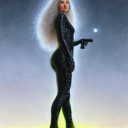 Image similar to pleiadian woman with big eyes and long silver hair wearing a dark body suit and holding a plasma gun as a realistic sci fi character, portrait art by donato giancola and greg rutkowski, digital art, trending on artstation, standing in a barren field, long silver hair, full body