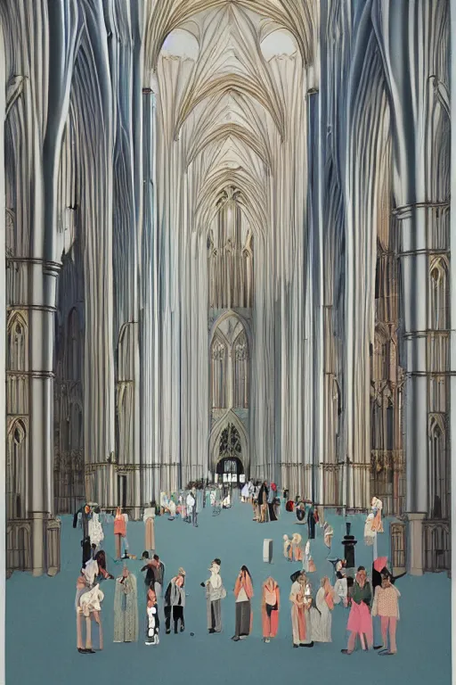 Image similar to scene from wes anderson gothic cathedral building by helen lundeberg