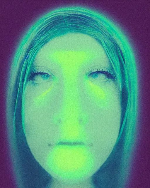 Image similar to featureless serene robotic woman's face, long metallic hair, violet and yellow and green and blue lighting, polaroid photo, 1 9 8 0 s cgi, atmospheric, whimsical and psychedelic, grainy, expired film, super glitched, corrupted file, ghostly, bioluminescent glow, sci - fi