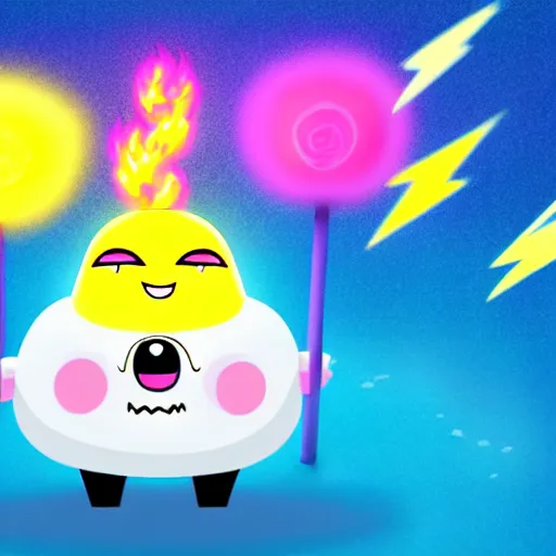 Image similar to kawaii wacky fluffy popcorn with lightning bolt power, yokai, in the style of a mamashiba, with a yellow beak, with a toroidal energy field, with a smiling face and flames for hair, sitting on a lotus flower, white background, simple, clean composition, symmetrical, suitable for use as a logo