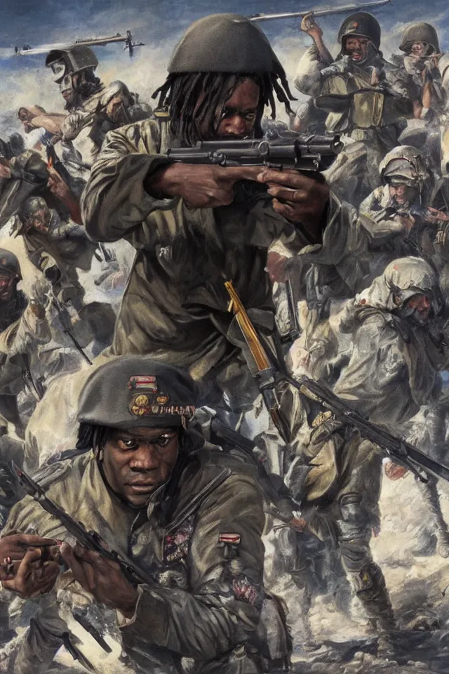 Prompt: chief keef with guns helping the ukrainians fight the russians during the war, highly detailed, 8 k, hyperrealistic,