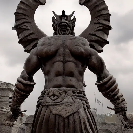 Prompt: Big Bold detailed medievel statue of a warrior of past times; Black Clouds in Background; Highly Detailed; Corruption all over; 8k; unreal Engine;