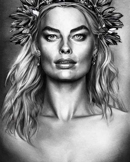 Image similar to realism tattoo sketch of margot robbie as a beautiful greek goddess aphrodite with piercing eyes wearing a laurel wreath and triangle earrings, in the style of greg rutkowski, amazing detail