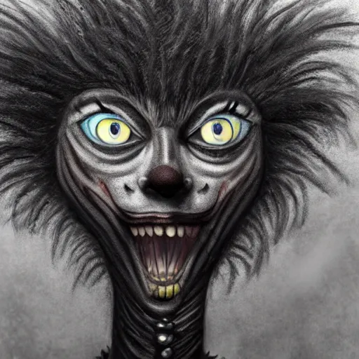 Image similar to A extremely highly detailed majestic hi-res beautiful, highly detailed head and shoulders portrait of a scary creepy black cartoon clown cat in eraserhead with scary big eyes, in the style of Walt Disney animation