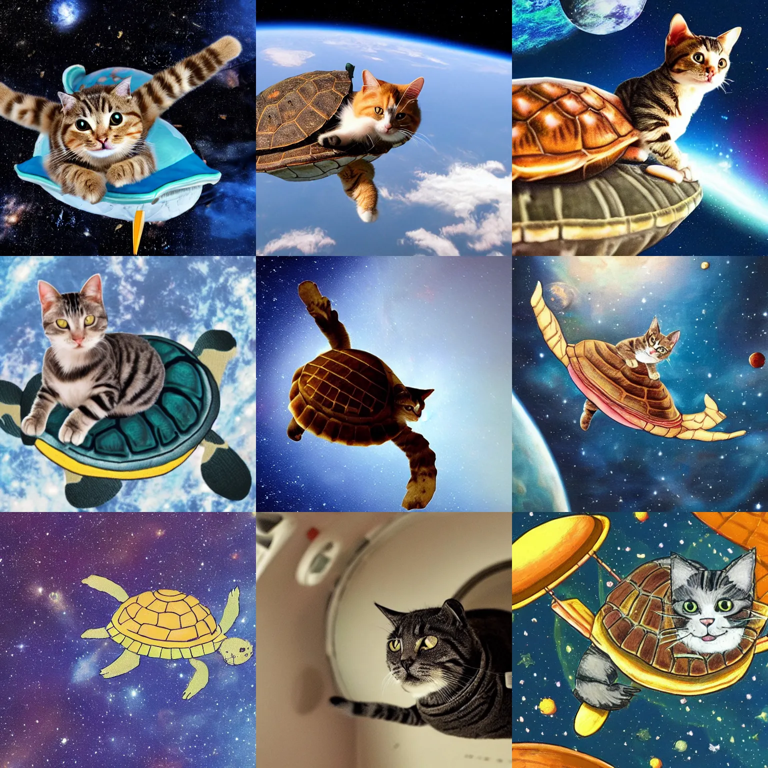 Prompt: a cat on a turtle flying in space