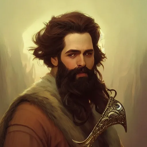 Prompt: portrait of a bearded male bard, D&D, fantasy, intricate, elegant, highly detailed, digital painting, artstation, concept art, smooth, sharp focus, illustration, art by artgerm and greg rutkowski and alphonse mucha