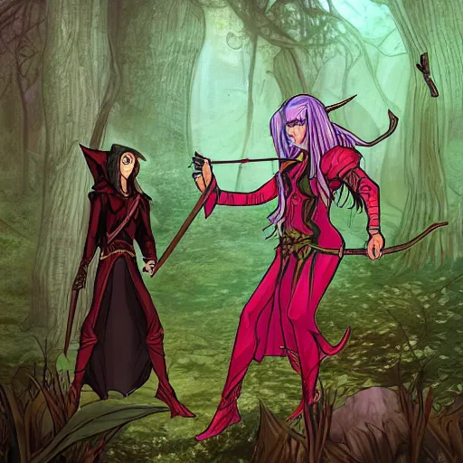 Image similar to a photo of an elven high mage with a staff having a magic standoff with a succubus demon in a magical forest. The demon is mostly red and black colored, and is armored. The elf wears robes.