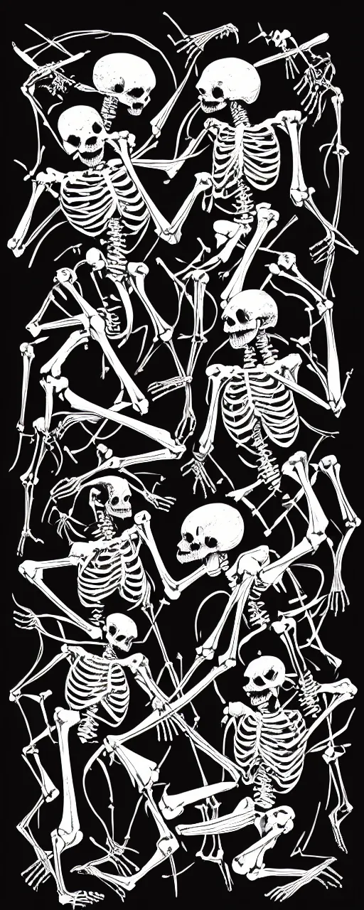 Prompt: illustration of a skeleton fight, two animal skeletons on black, silk screen t-shirt design 4K