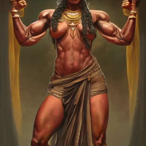 Prompt: full body painting of a muscular south indian woman, sari, ultra realistic, concept art, intricate details, eerie, horror, highly detailed, photorealistic, octane render, 8 k, unreal engine. art by artgerm and greg rutkowski and alphonse mucha