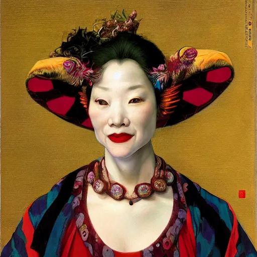 Image similar to portrait of a female east asian jester, by donato giancola and michelangelo merisi da caravaggio.