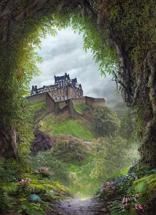 Image similar to a beautiful digital graphics design portrait of Edinburgh castle in Edinburgh. Edinburgh gardens overgrown with plants, caledonian forest, matte painting, fantasy art, highly detailed