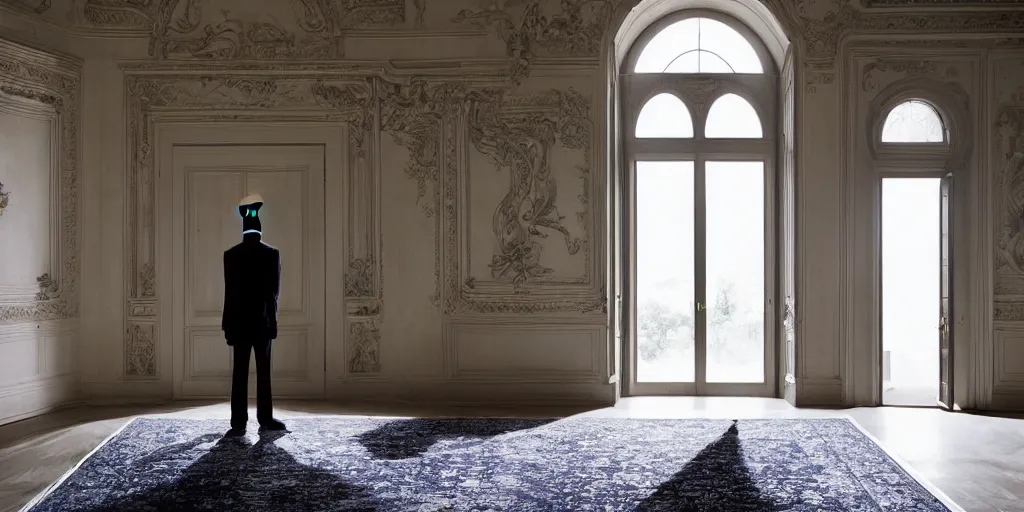 Prompt: Batman standing in giant Italian modern castle living room, clean minimalist design, that is 1300 feet tall, with very tall giant walls filled with modern art paintings, doors that are cosmic portals, photo by Annie Leibovitz