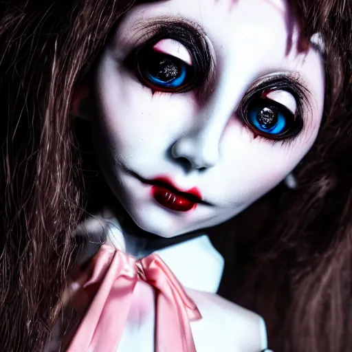 Image similar to lovely realistic robotic ball jointed high end vampire doll with fashion and cute accessories, inside gothic doll manor bedroom, god rays, dust particles, photorealistic, aesthetic shot, worms eye view, macro camera lens, high definition, thematic, cinematic, lens flare