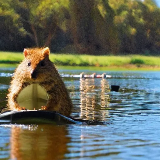 Prompt: a quokka paddling a kayak on a lake