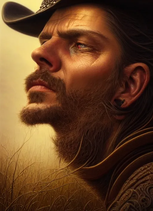 Image similar to closeup portrait shot of a cowboy in nature in a scenic dystopian environment, intricate, elegant, highly detailed, centered, digital painting, artstation, backlit, concept art, smooth, sharp focus, illustration, artgerm, tomasz alen kopera, peter mohrbacher, donato giancola, joseph christian leyendecker, wlop, boris vallejo