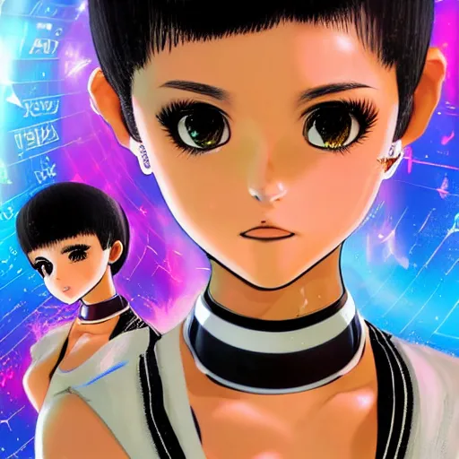Prompt: Manga cover portrait of an extremely cute and adorable beautiful afrofuturism ASMR anime Selena Gomez with mesmerizing piercing eyes and a black bobcut hairstyle playing Dance Dance Revolution, with a flashy modern background with black stripes, 3d render diorama by Hayao Miyazaki, official Studio Ghibli still, color graflex macro photograph, Pixiv